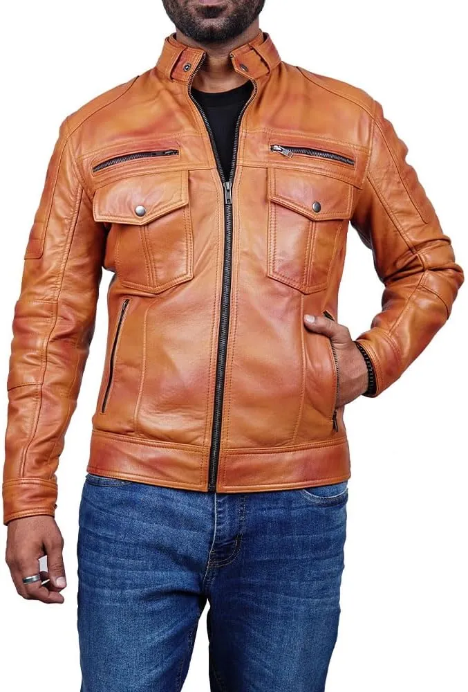 Men Cafe Racer Motorcycle Style Solid Color Leather Jacket Slim Fit Motorcycle Brown Leather Jacket Moto Rider Cafe Racer