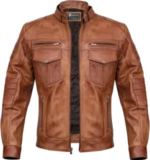Men Cafe Racer Motorcycle Style Solid Color Leather Jacket Slim Fit Motorcycle Brown Leather Jacket Moto Rider Cafe Racer