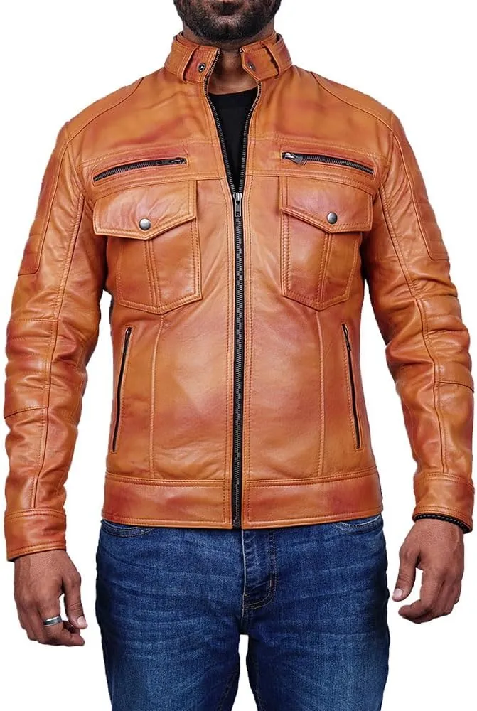 Men Cafe Racer Motorcycle Style Solid Color Leather Jacket Slim Fit Motorcycle Brown Leather Jacket Moto Rider Cafe Racer