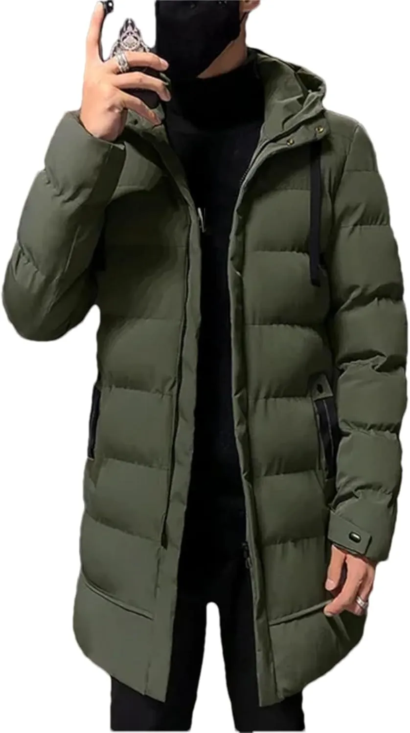 Men Winter Thick Warm Parkas Casual Mid-Length Cotton Jacket Hooded Padded Coat