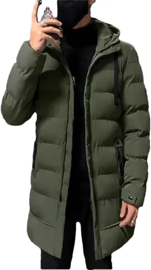 Men Winter Thick Warm Parkas Casual Mid-Length Cotton Jacket Hooded Padded Coat