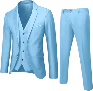Mens 3 Piece Slim Fit Suit Suits Big and Tall, Blazer Jacket Vest Pants Set, Solid Wedding Party Dress Tux Suite