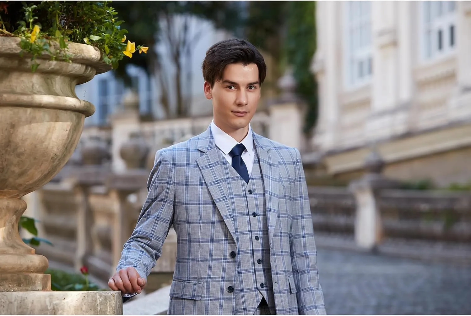 Men's 3 Pieces Slim Fit Plaid Suits Wedding Party Checked Tuxedo Blazer Jacket Vest Pants Suit Set