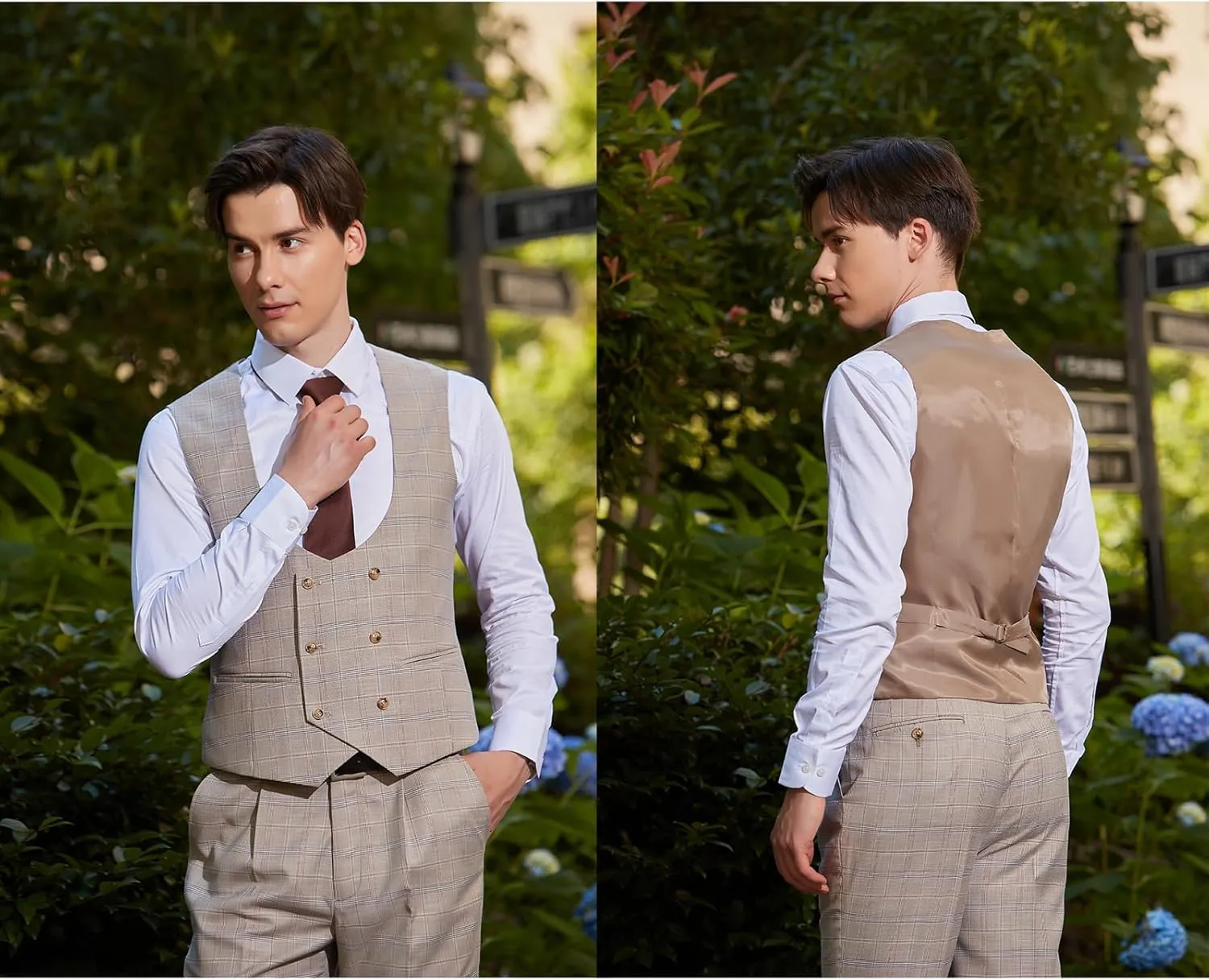 Men's 3 Pieces Slim Fit Plaid Suits Wedding Party Checked Tuxedo Blazer Jacket Vest Pants Suit Set