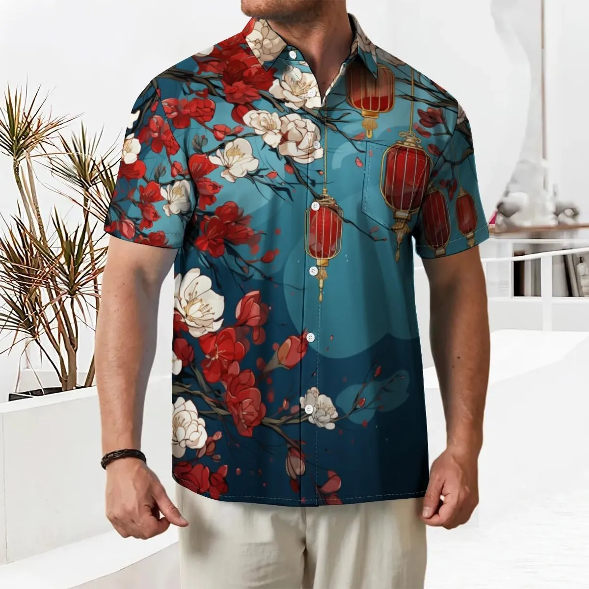 Men's Casual Button Down Shirts Mid Century Geometry Chest Pocket Short Sleeve Hawaiian Shirt