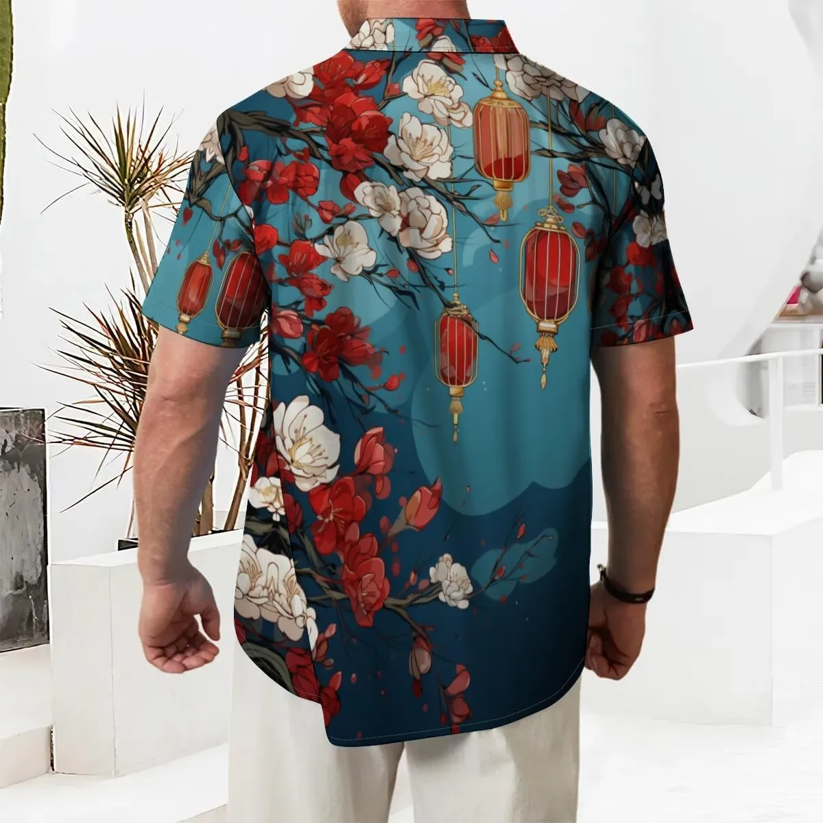 Men's Casual Button Down Shirts Mid Century Geometry Chest Pocket Short Sleeve Hawaiian Shirt