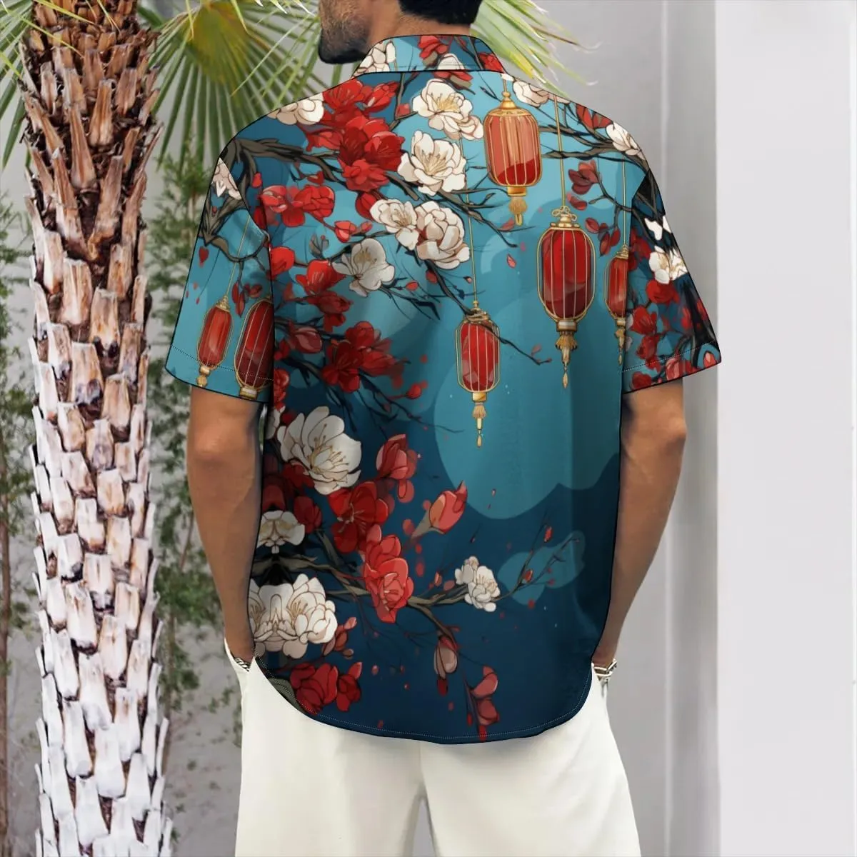 Men's Casual Button Down Shirts Mid Century Geometry Chest Pocket Short Sleeve Hawaiian Shirt