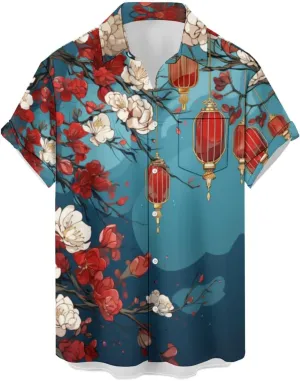 Men's Casual Button Down Shirts Mid Century Geometry Chest Pocket Short Sleeve Hawaiian Shirt