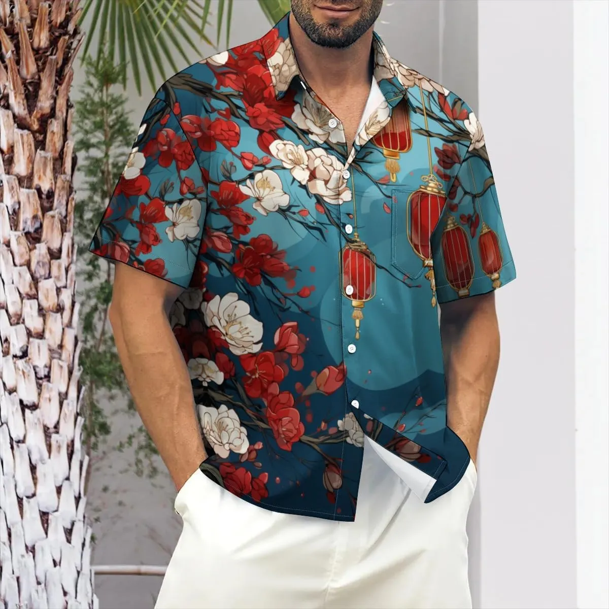 Men's Casual Button Down Shirts Mid Century Geometry Chest Pocket Short Sleeve Hawaiian Shirt