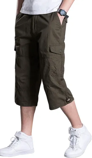 Men's Casual Cargo Shorts 16" Inseam Below Knee Multi Pocket 3/4 Capri Long Shorts Twill Relaxed Fit Pants