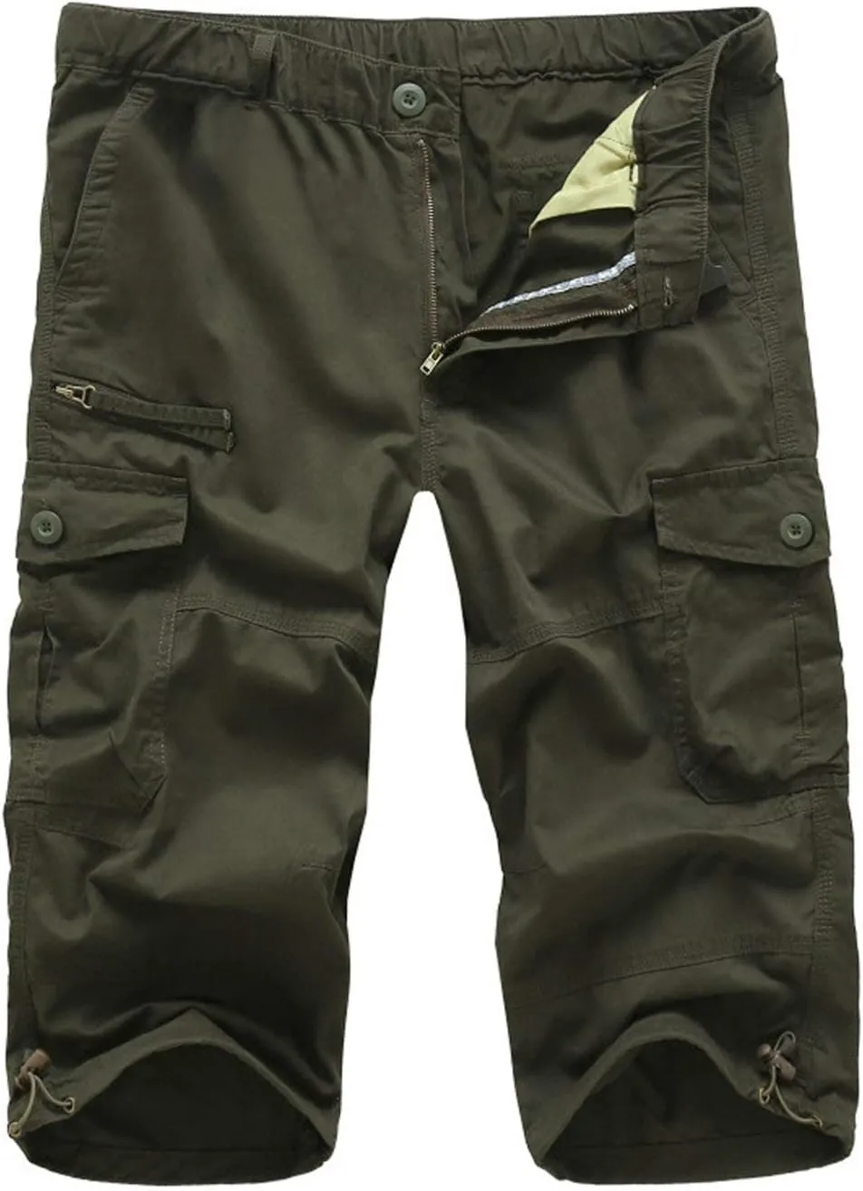 Men's Casual Cargo Shorts 16" Inseam Below Knee Multi Pocket 3/4 Capri Long Shorts Twill Relaxed Fit Pants