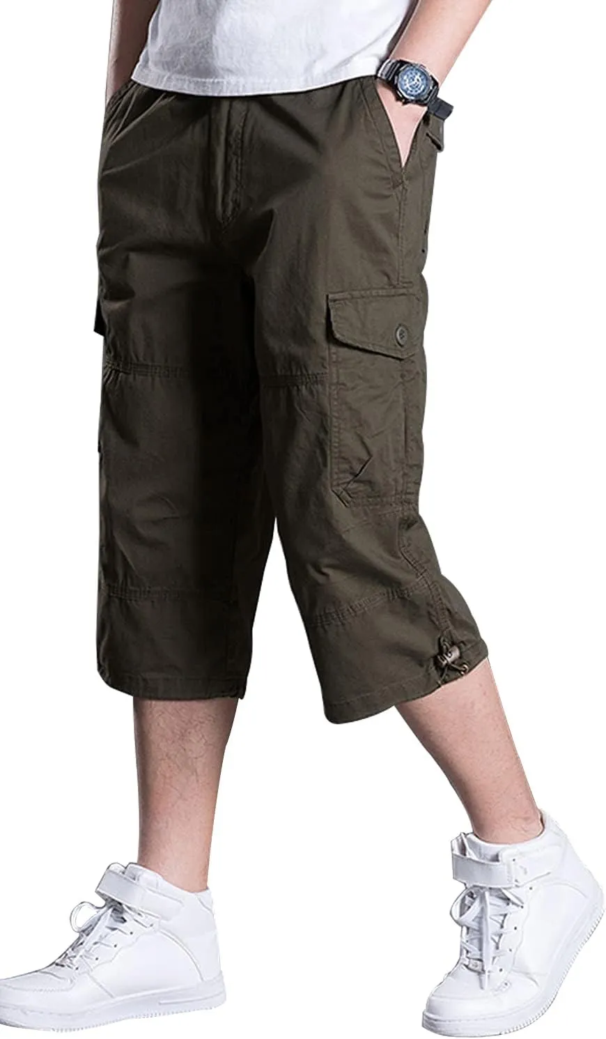 Men's Casual Cargo Shorts 16" Inseam Below Knee Multi Pocket 3/4 Capri Long Shorts Twill Relaxed Fit Pants