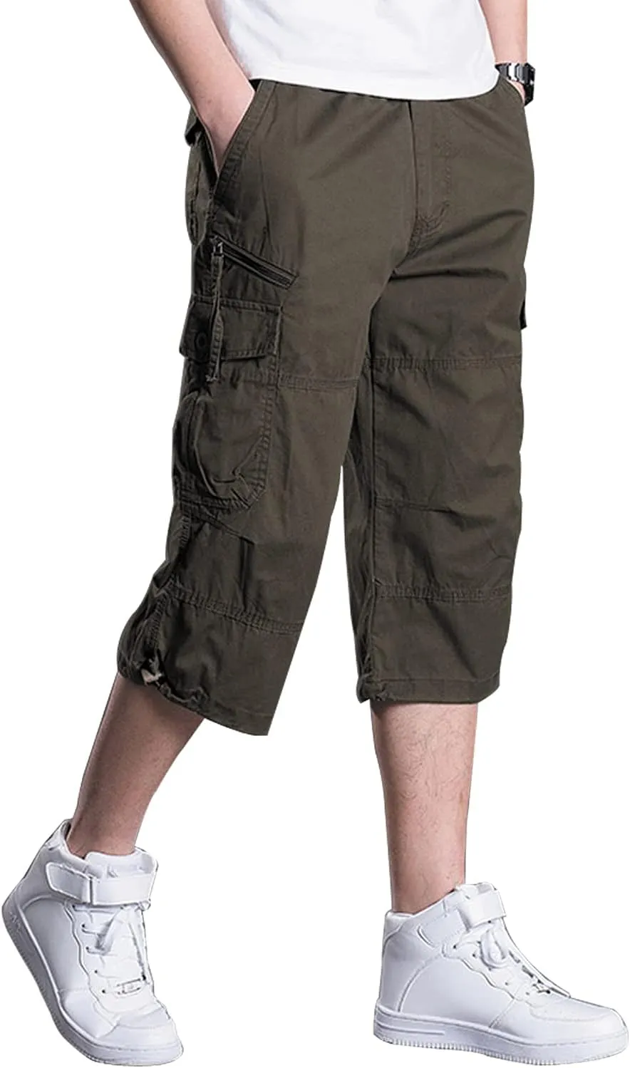 Men's Casual Cargo Shorts 16" Inseam Below Knee Multi Pocket 3/4 Capri Long Shorts Twill Relaxed Fit Pants