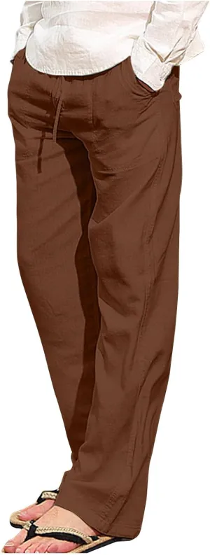 Mens Casual Linen Pants Drawstring Elastic Waist Summer Beach Pants Yoga Workout Trousers with Pockets