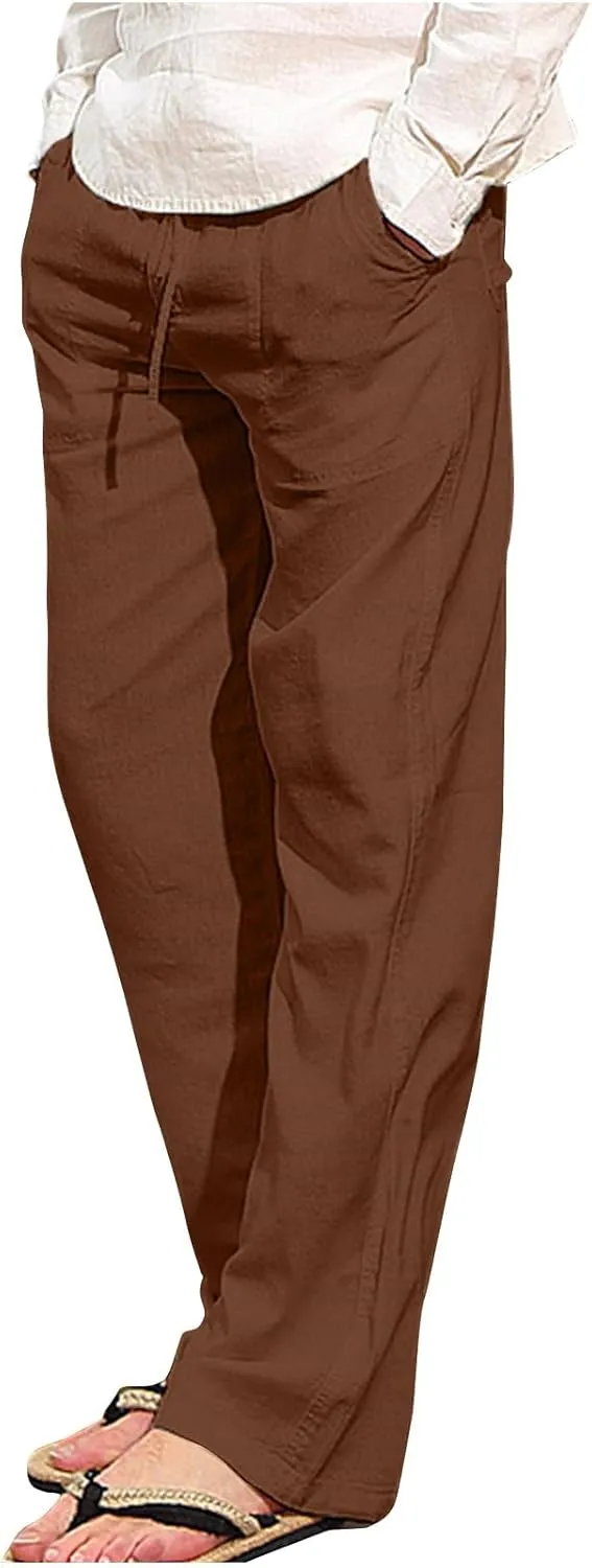 Mens Casual Linen Pants Drawstring Elastic Waist Summer Beach Pants Yoga Workout Trousers with Pockets