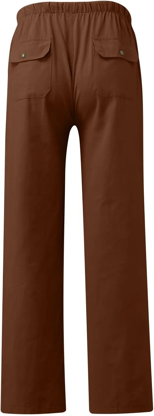 Mens Casual Linen Pants Drawstring Elastic Waist Summer Beach Pants Yoga Workout Trousers with Pockets