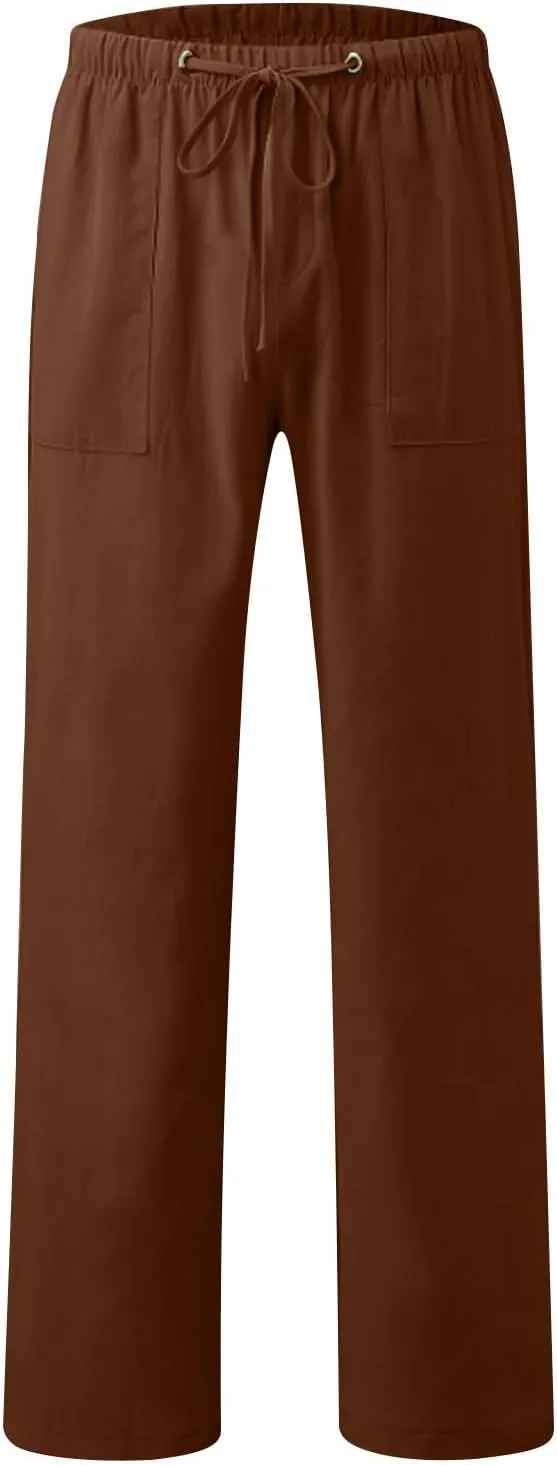 Mens Casual Linen Pants Drawstring Elastic Waist Summer Beach Pants Yoga Workout Trousers with Pockets