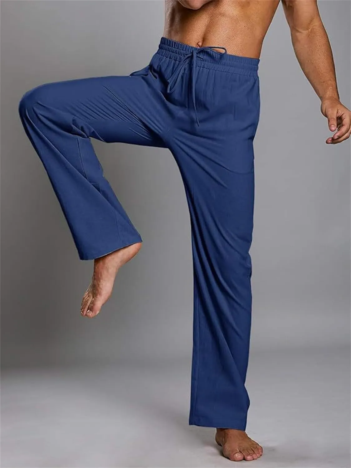 Men's Casual Linen Pants Elastic Waist Drawstring Beach Summer Pants Stretch Chino Pant Lightweight Linen Trousers
