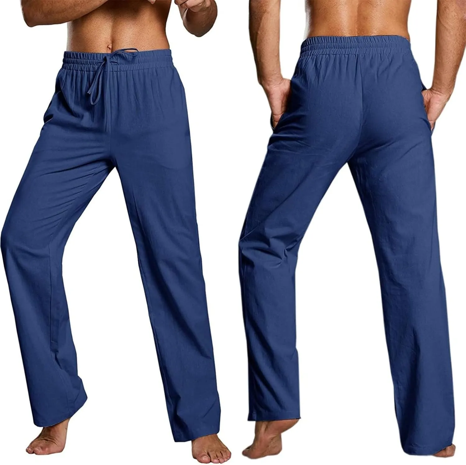 Men's Casual Linen Pants Elastic Waist Drawstring Beach Summer Pants Stretch Chino Pant Lightweight Linen Trousers