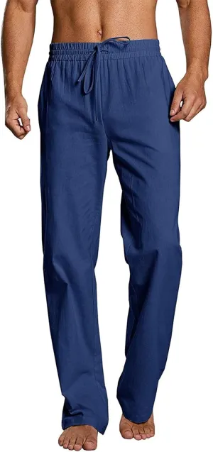 Men's Casual Linen Pants Elastic Waist Drawstring Beach Summer Pants Stretch Chino Pant Lightweight Linen Trousers