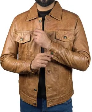 Mens Classic Vintage Shirt Style Real Lambskin Trucker Jacket - Leather Trucker Jackets for Men
