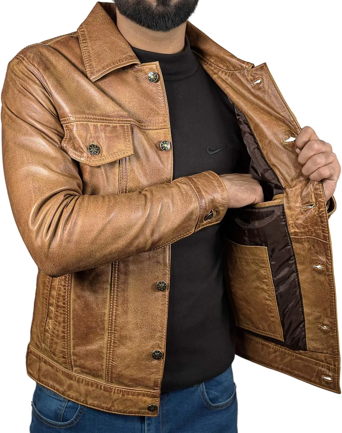 Mens Classic Vintage Shirt Style Real Lambskin Trucker Jacket - Leather Trucker Jackets for Men