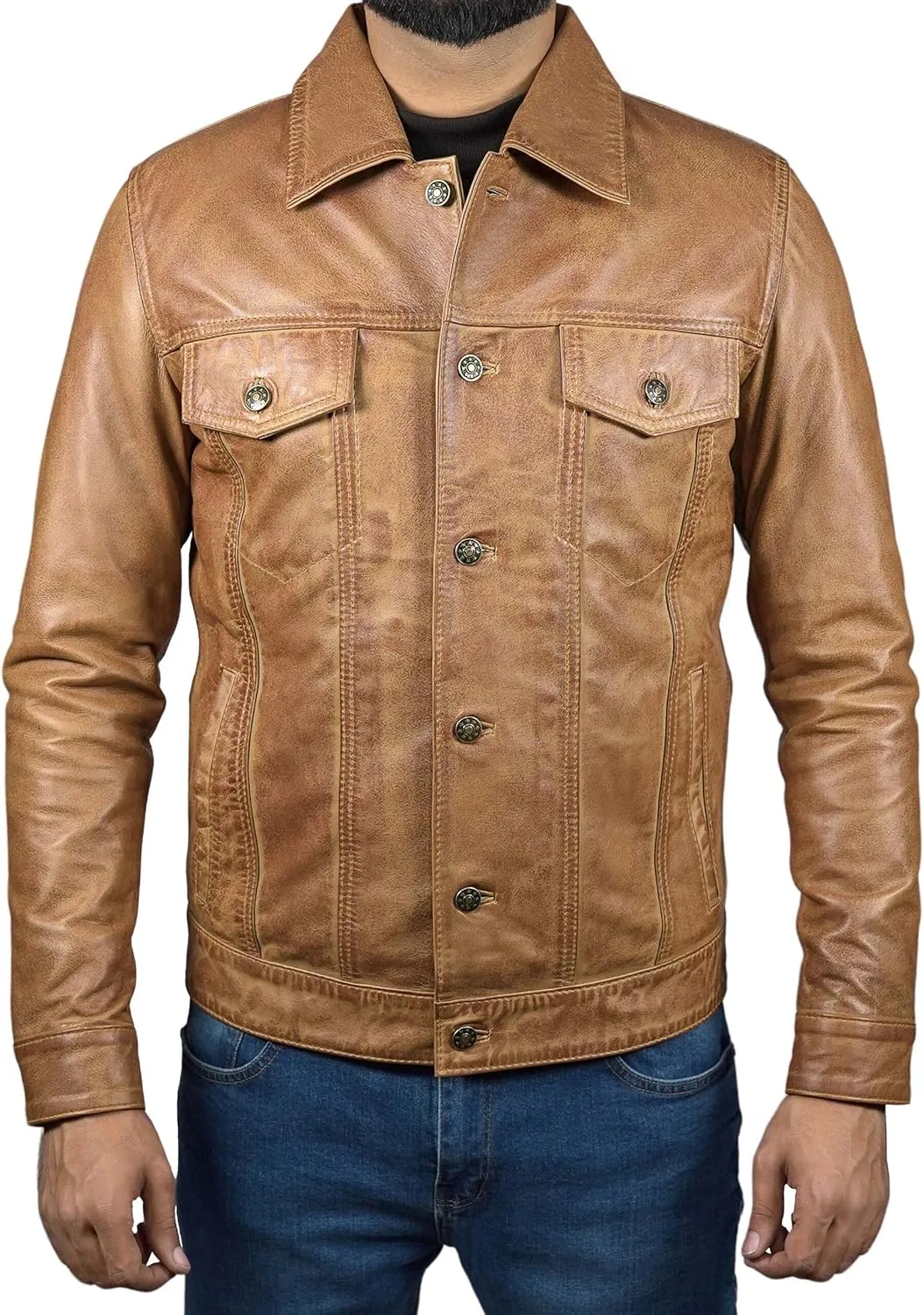 Mens Classic Vintage Shirt Style Real Lambskin Trucker Jacket - Leather Trucker Jackets for Men