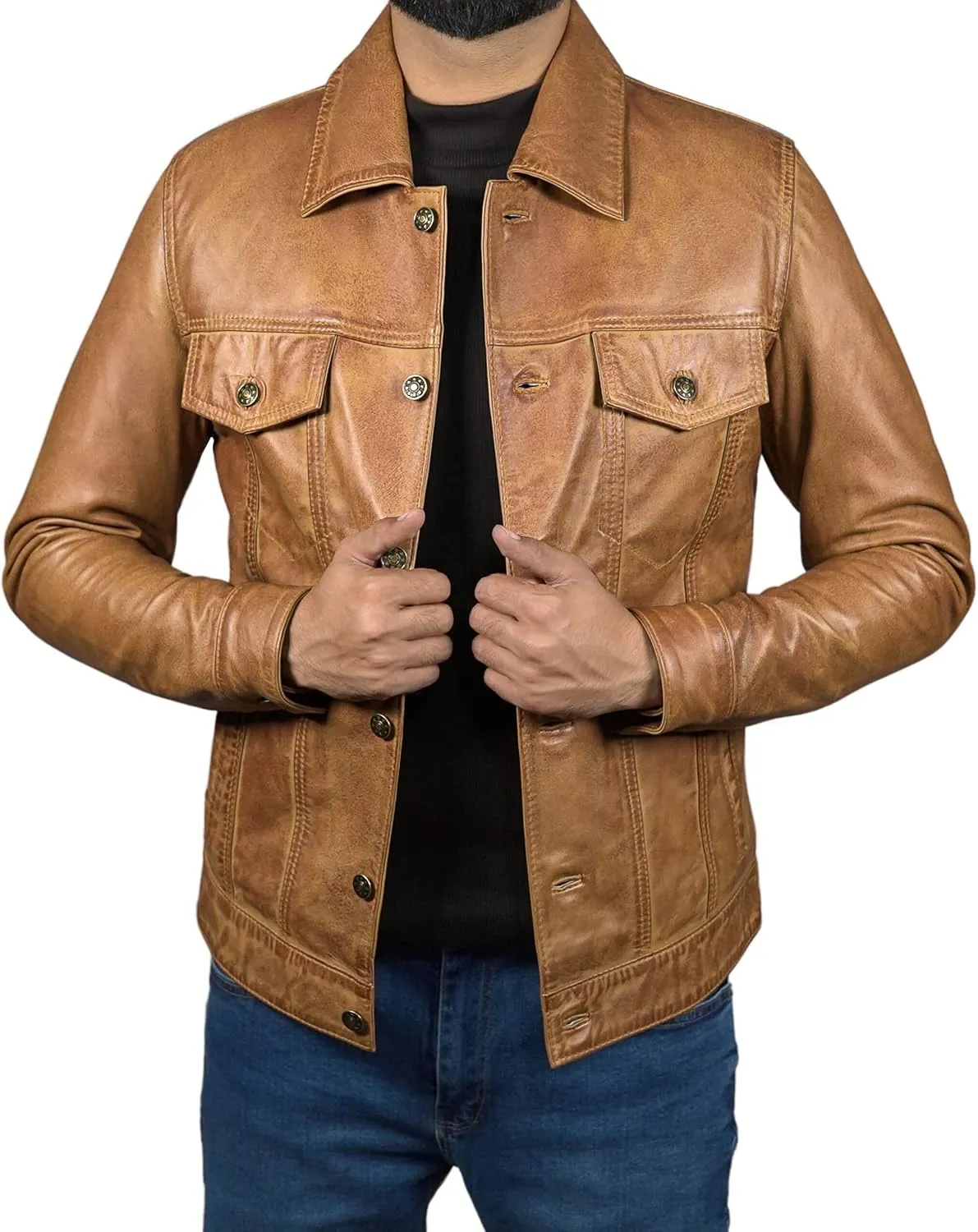 Mens Classic Vintage Shirt Style Real Lambskin Trucker Jacket - Leather Trucker Jackets for Men