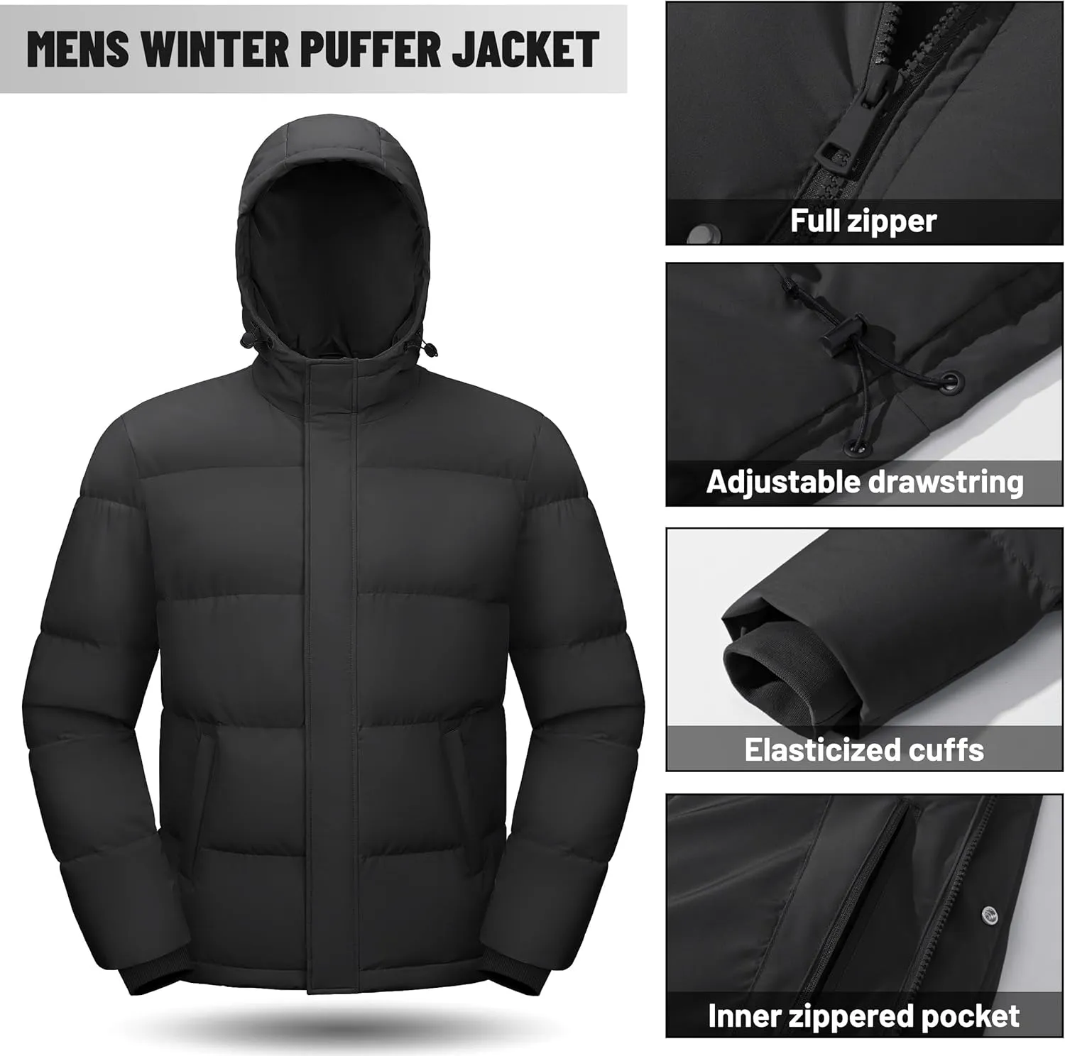 Men's Down Puffer Jacket Hooded Water-Resistant Windproof Jackets Full Zip Winter Thicken Thermal Puffy Coat