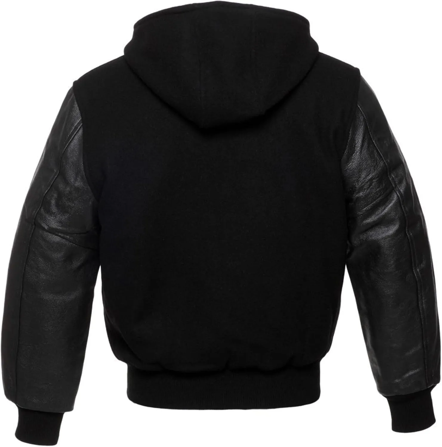 Men's Hooded Varsity Jacket Men Real Leather Sleeve and Wool Blend Body High School Letterman Baseball Jacket