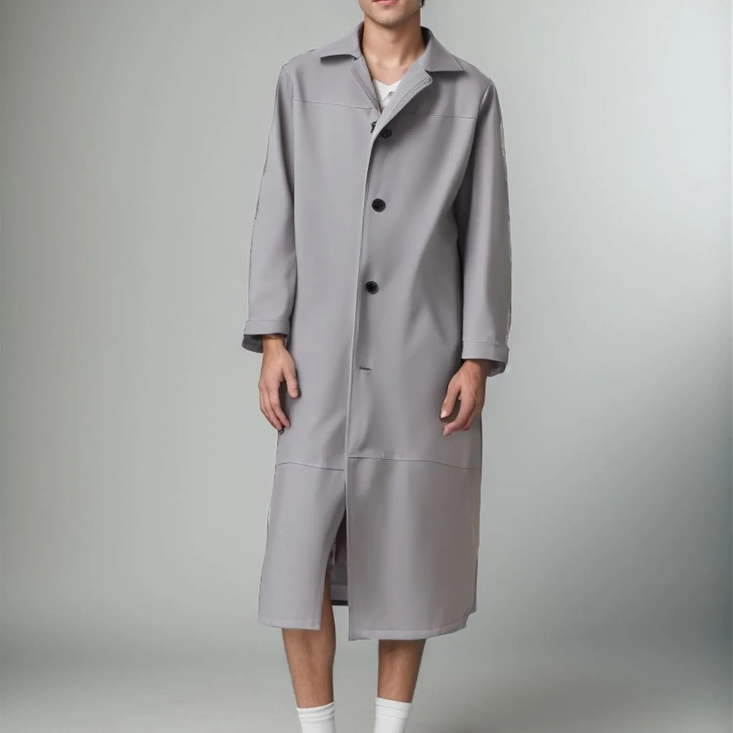 Men's Leather Long Trench Coat Faux Leather Vintage Full Length Overcoat Fashion Open Front Cardigan Jackets