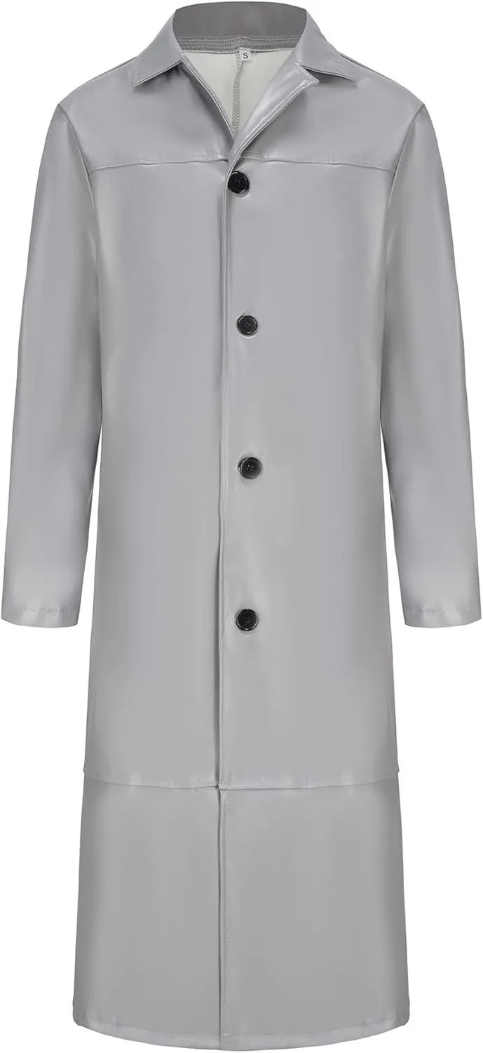 Men's Leather Long Trench Coat Faux Leather Vintage Full Length Overcoat Fashion Open Front Cardigan Jackets