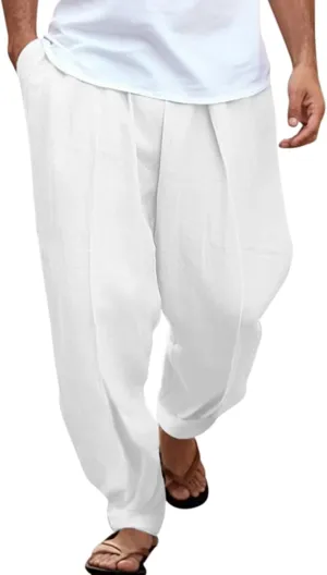 Mens Linen Harem Drawstring Pants, Casual Elastic Waist Lightweight Hippie Loose Wide Leg Pants with Pocket