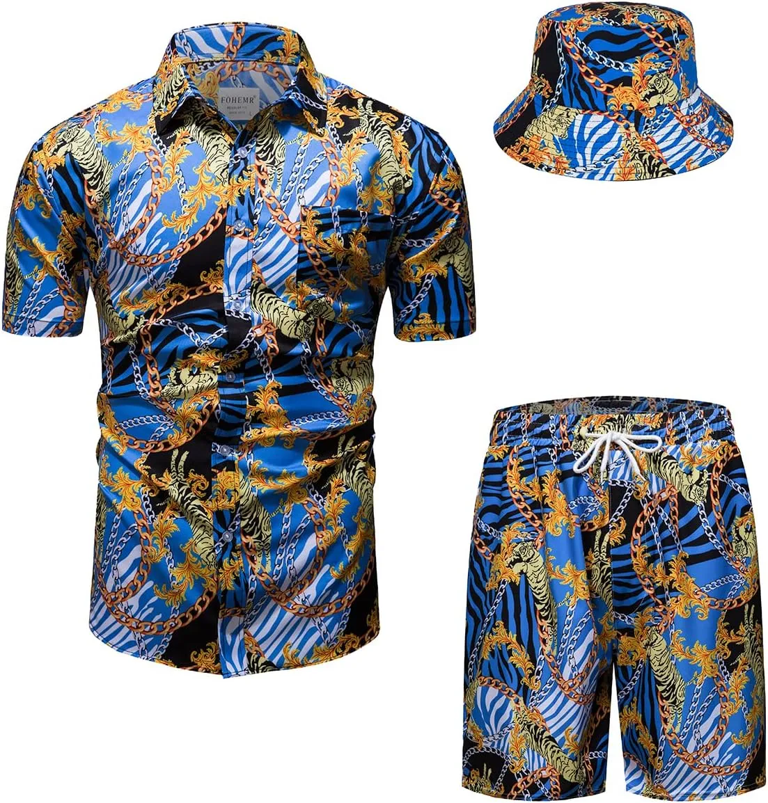 Mens Luxury Outfit Set Black Gold Shirts And Shorts 2 Piece Tracksuit Set Baroque Button Down Suit with Bucket Hats