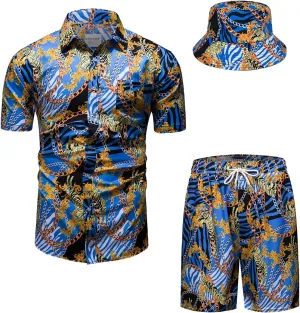 Mens Luxury Outfit Set Black Gold Shirts And Shorts 2 Piece Tracksuit Set Baroque Button Down Suit with Bucket Hats