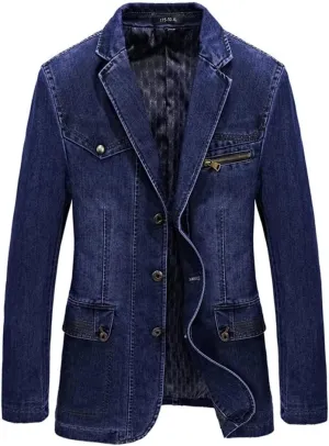 Mens Multi Pocket Denim Suits Jacket Spring Cowboy Westerner Business Blazer