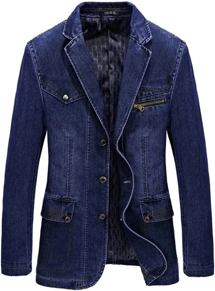Mens Multi Pocket Denim Suits Jacket Spring Cowboy Westerner Business Blazer