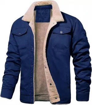 Men's Sherpa Jacket, Lined Sherpa Jacket Warm Trucker Coat Turn-Down Collar Cargo Jacket Men's Winter Jacket