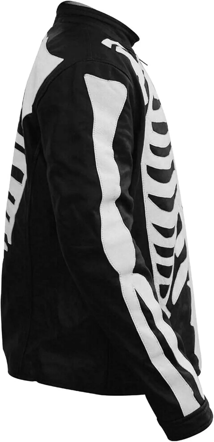 Mens Skull Skeleton Motorcycle Racing Biker Black Leather Jacket Costume Men Adult