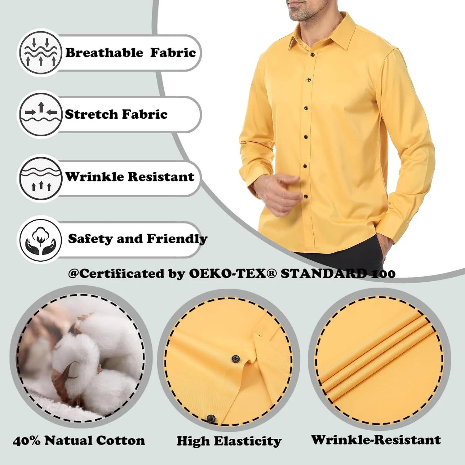 Mens Stretch Button Down Shirt Regular Fit Casual and Business Wrinkle-Resistant Dress Shirts for Men
