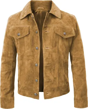 Mens Suede Leather Brown Trucker Jacket - Mens Western Cowboy Jacket Suede Leather Jacket for Men