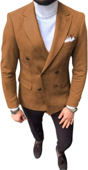 Mens Suit Blazer Leather Double Breasted Suede Wear Coat Slim Fit Single Jacket