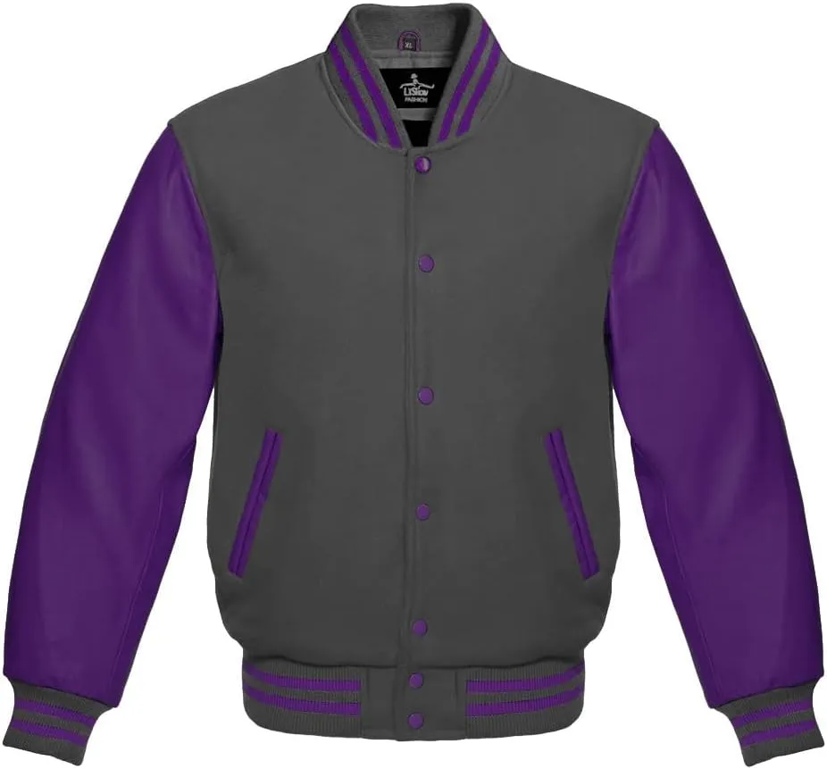 Men's Varsity Baseball Letterman Bomber Jacket Wool & Purple Genuine Leather Sleeves