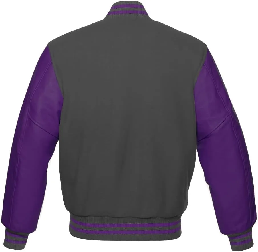 Men's Varsity Baseball Letterman Bomber Jacket Wool & Purple Genuine Leather Sleeves