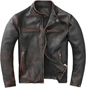 Mens Vintage Cafe Racer Motorcycle Distressed Biker Leather Jacket