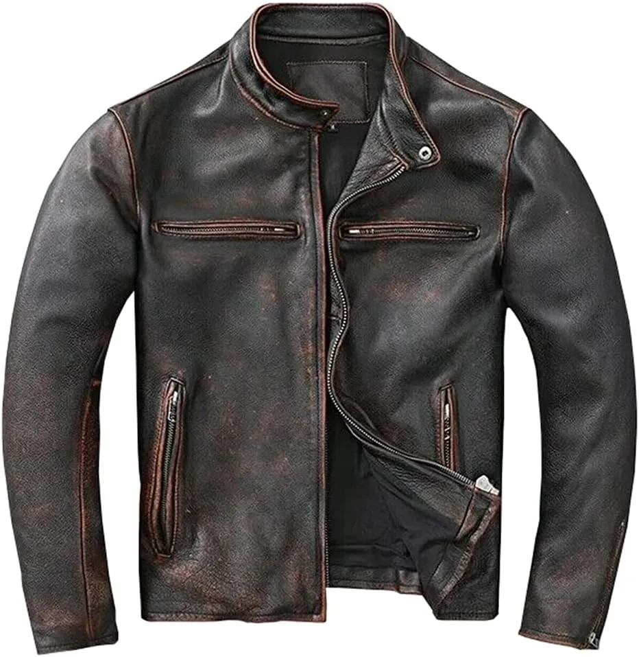 Mens Vintage Cafe Racer Motorcycle Distressed Biker Leather Jacket