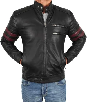 Mens Vintage Motorcycle Red Stripes Mayhem Black Biker Leather Jacket