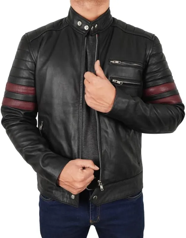 Mens Vintage Motorcycle Red Stripes Mayhem Black Biker Leather Jacket