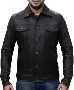 Mens Vintage Style Trucker Leather Jacket Lambskin Classic Fashion Mens Motorcycle Jackets