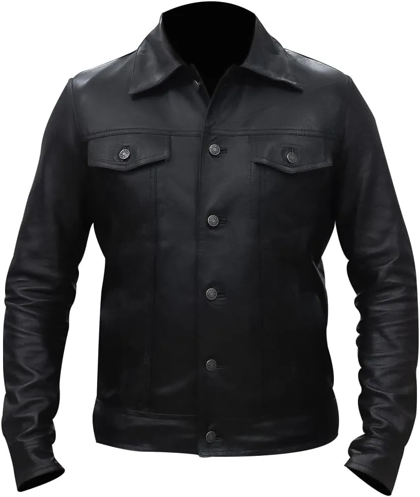 Mens Vintage Style Trucker Leather Jacket Lambskin Classic Fashion Mens Motorcycle Jackets
